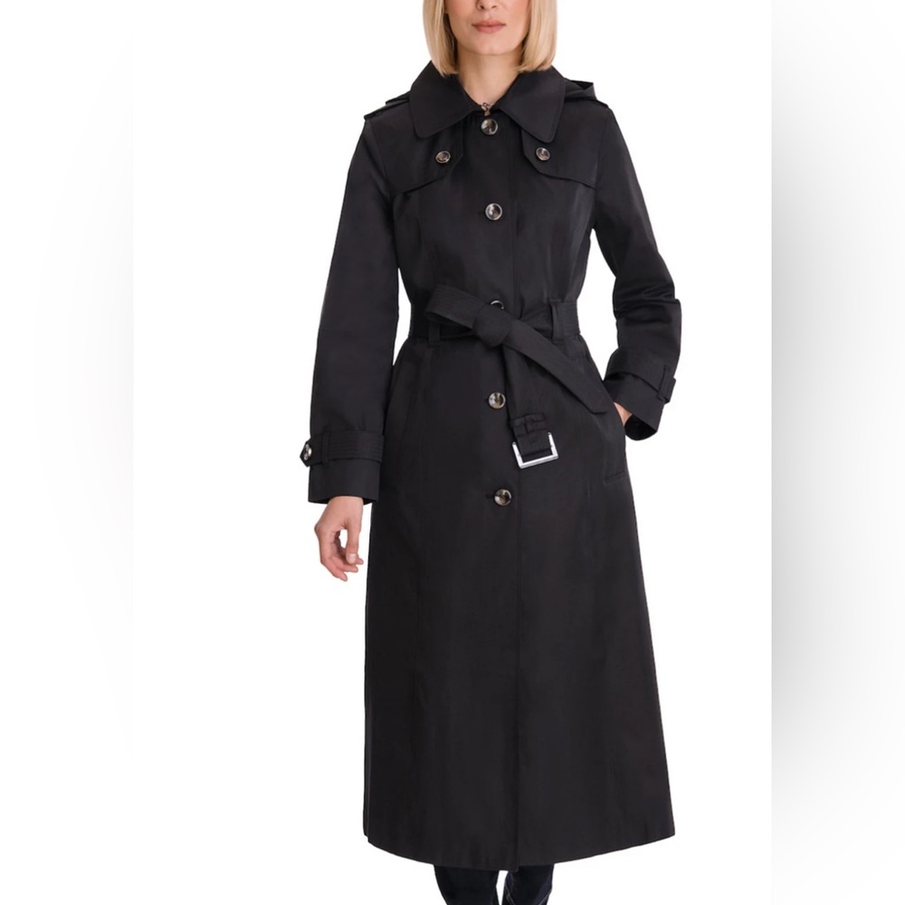 LONDON FOG SINGLE BREASTED BUTTON FRONT HOODED MAXI TRENCH WITH BELT NWT
